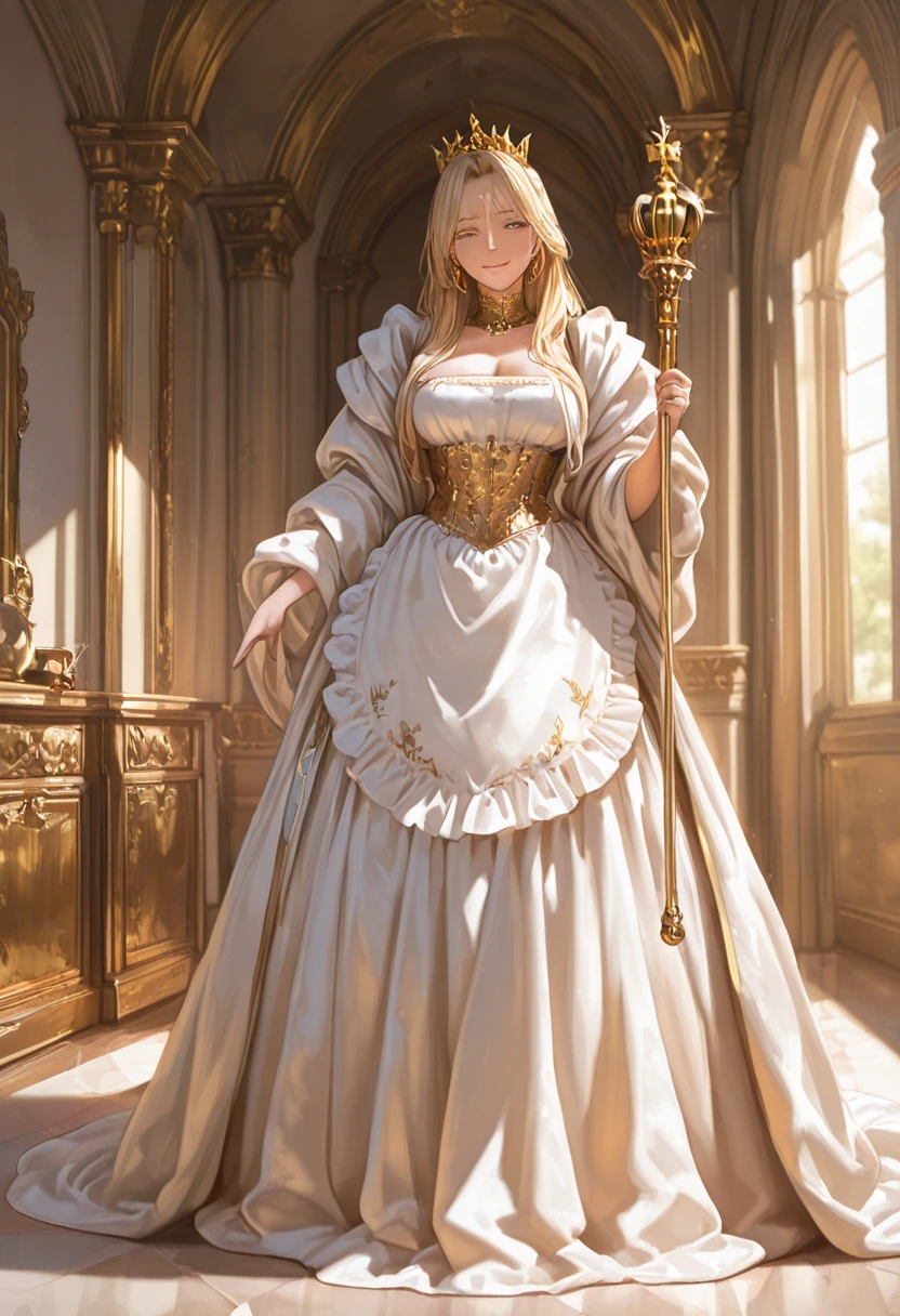anime big breast，Blonde hair with long straight hair，Long hair and waist，Stately ta，Golden queen cloak ladylike，full bodyesbian，The background is the church，Stand down and look down，high qulity，ultraclear，tmasterpiece，top-quality