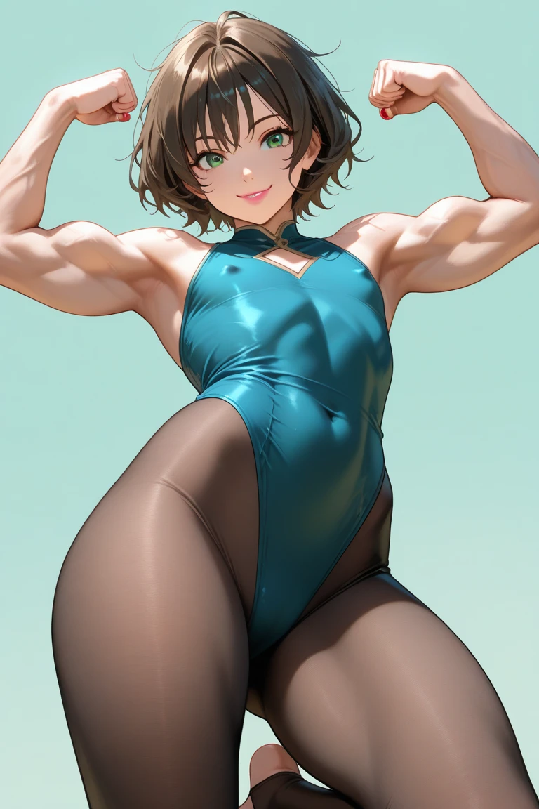 best quality, Master paintings, best quality, Photorealsitic, Ultra-detail,dynamic light and shadow,high resolution, 1 Horny woman, mila kunis, smiling、shiny brown hair, 、Navy blue competition swimsuit、She is wearing black 120 denier tights.、A slender、 slender、Blur the background