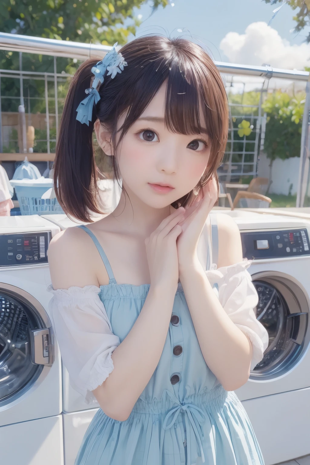 8k, raw photo, best quality, hires, realistic, photorealistic, extremely detailed 8k wallpaper, beautifully detailed eyes, finely detailed face,
 break 
rim lighting to cleavage, bokeh,
 break 
perfectly anatomically correct:1.2,
 break 
blue sky, coastal veranda at moody sunrise, summer clouds,
 break 
1 female, very short pigtails,
laundromat, washing machine, laundry basket,
((putting clothes to dry:1.2, with hands up:1.tainless laundry pole:1.4)),
sheer SHIMAMURA room wear are about to fall off:1.1,
kawaii like an angel, [cute natural anime face],
symmetrical clear eyes, chocolate color eyes with captivating reflections,
symmetrical face line, stereoscopic projection of  face,
gentle narrow eyes, [wide-set eyes, reverse banana-shaped round eyes, tareme, moderate eye bags, double eyelids],
small face, round face, rounded jaw, [oval-shaped face, thin lips, small nose, chiseled face], blush, embarrassed, healthy skin color,
pointy smallest breasts,
looking back viewer:1.2,
SFW:1.0,
 break 
dynamic backshot, [soft saturation, soft contrast]