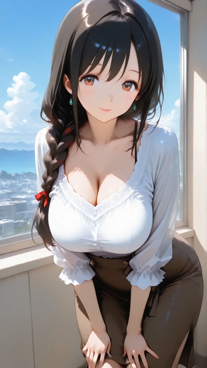 anime girl in a school uniform holding a cell phone, iwakura lain, Realistic Schoolgirl, visual novel cg, anime moe art style, beautiful anime high school girl, nagatoro, shikamimi, Gapmoe Yandere, magical school student uniform, Smooth Anime CG Art, a hyperrealistic schoolgirl, ; visual novel, Hinata Hyuga, (masutepiece, Best Quality, High quality), Detailed, Extremely detailed, Ambient soft lighting, 4K, ornate, (renaissance, Vintage:1.4), Plants, window, 1gril, (Solo:1.4), (A MILF:1.2), Standing, Upper body, (Face Focus:1.2), (very detail hair:1.2), Long hair, long sidelocks, Bangs, (Hair intake, High Ponytail:1.4), deadpan, deadpan, (Red Eyes, Glaring, contempt, feeling of disgust, Looking at Viewer:1.2), Curve, Huge breasts, Skindentation, (Bursting breasts:1.2), (tiarra:1.2), diadems, (cleavage, Strapless, Red dress, frilly dress, Long skirt, Puffy skirt, Puffy sleeves, juliet sleeves, Long sleeves:1.2), Jewelry,