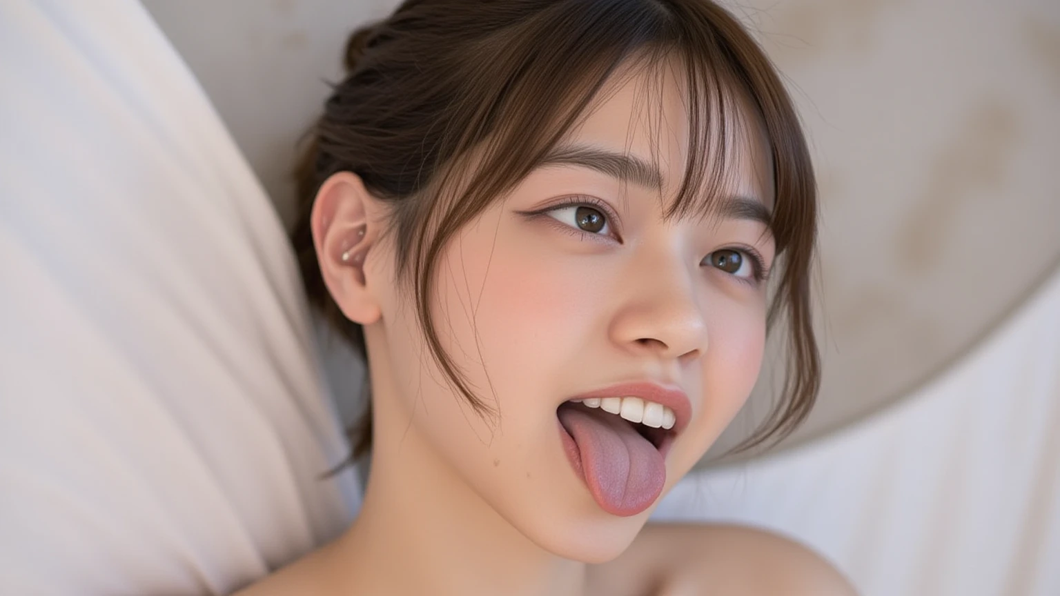 (8K, RAW photo, highest quality, masterpiece: 1.2), Super detailed, super resolution, (genuine, genuine photos: 1.37), portrait, High-definition RAW color photo, professional photos, 非常に詳細で美New, very detailed, 8K wallpapers, amazing details, huge file size, official art, very detailed CG Unity 8K wallpapers, very detailed beautiful girls, very detailed facesHighly detailed eyes, very fine skin, very fine fingers, very small nose, very detailed detailed mouth, perfect anatomy, detailed background, fine clothes, one girl, 20th generation, cute girl, genuineistic body, white skin, glowing skin, handsome body, black hair, cute, like々New, cute face, genuineistic face, delicate eyes, Eyes of Thale The gaze of the old Horiwa camera, ((facing the front:1.331)). put your hands behind your head, hair pulling pose, very detailed white skin), twin tails, hair ornaments, Chubby),、troubled face, excited face, ((japanese school uniform)), unbearable face, leaky face、((Open your mouth wide and stretch out your tongue:1.3))、(((Straight in front:1.42)))、See here:1.3.smile、((white pillow under the head:1.4))