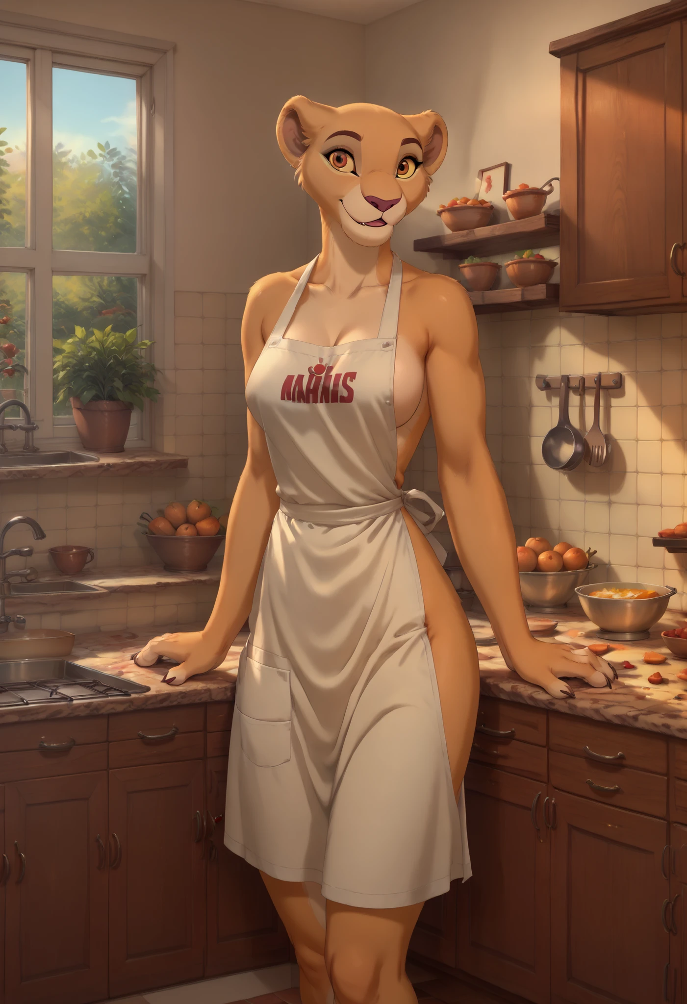 solo, score_9,score_8_up,score_7_up,kiara,lioness , ((female)), (anthro), wearing cooking apron, in kitchen, serving food.