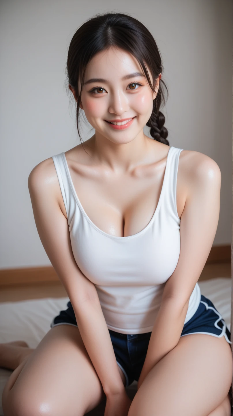 (8k), (highest quality: 1.2), (Realistic), (Realistic: 1.37), Ultra-high resolution, 1 girl, Head to knee photo、cute, smile, Mouth closed, Beautiful details, Beautiful Nose, whole body, Wet Hair,Wet body、 Large Breasts、Saggy breasts、Soft Breasts、Voluptuous thighs、Odd Eye、Heterochromia iridis