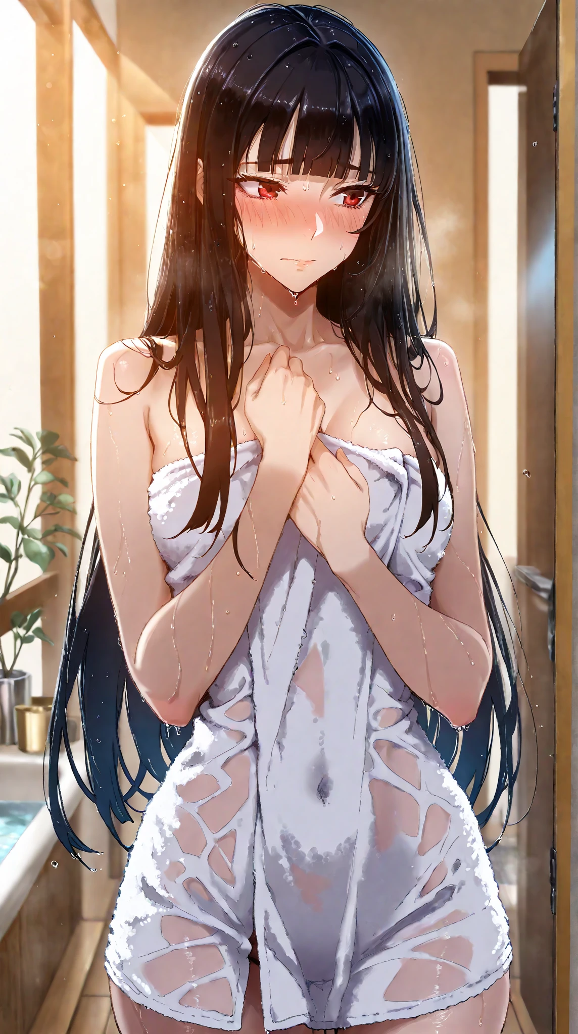 (Arms raised to show armpits、Armpit Hair)、NSFW、(Big Tits、Big Breasts)、(White sleeveless dress、White sexy one piece、Semi-transparent white lace dress、Erect nipples)、(tall、Toned body、slim body、Brown Skin、Sunburn、Big Breasts)、（Slanted Eyes、Dark Eyes）、(Sexy look、Erotic look、Estrus、Lust)、((black hair medium straight、Black hair medium bob))、School、Bright classroom、Female teacher, 23 years old、Rumiko Honjo、((masterpiece))、((Highest quality))、((detailed)、((Adult female))、photograph、美しくdetailedな顔、detailedな目、独奏、