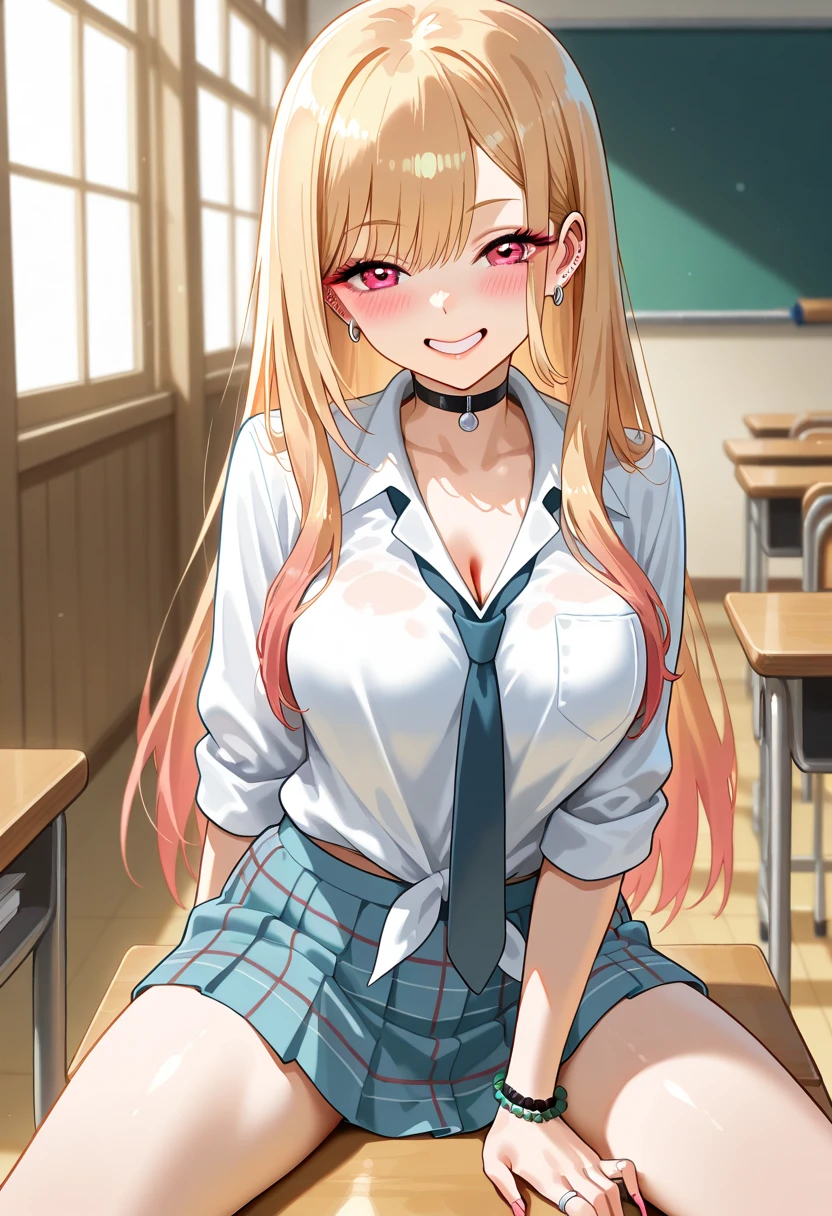 a curvaceous chubby thicc busty gyaru anime girl, fingering herself under her school desk, solo, sweat, steam, blush, looking down, tanned skin, blonde hair, pink hair, gradient hair, brown eyes, cleavage, uniform
