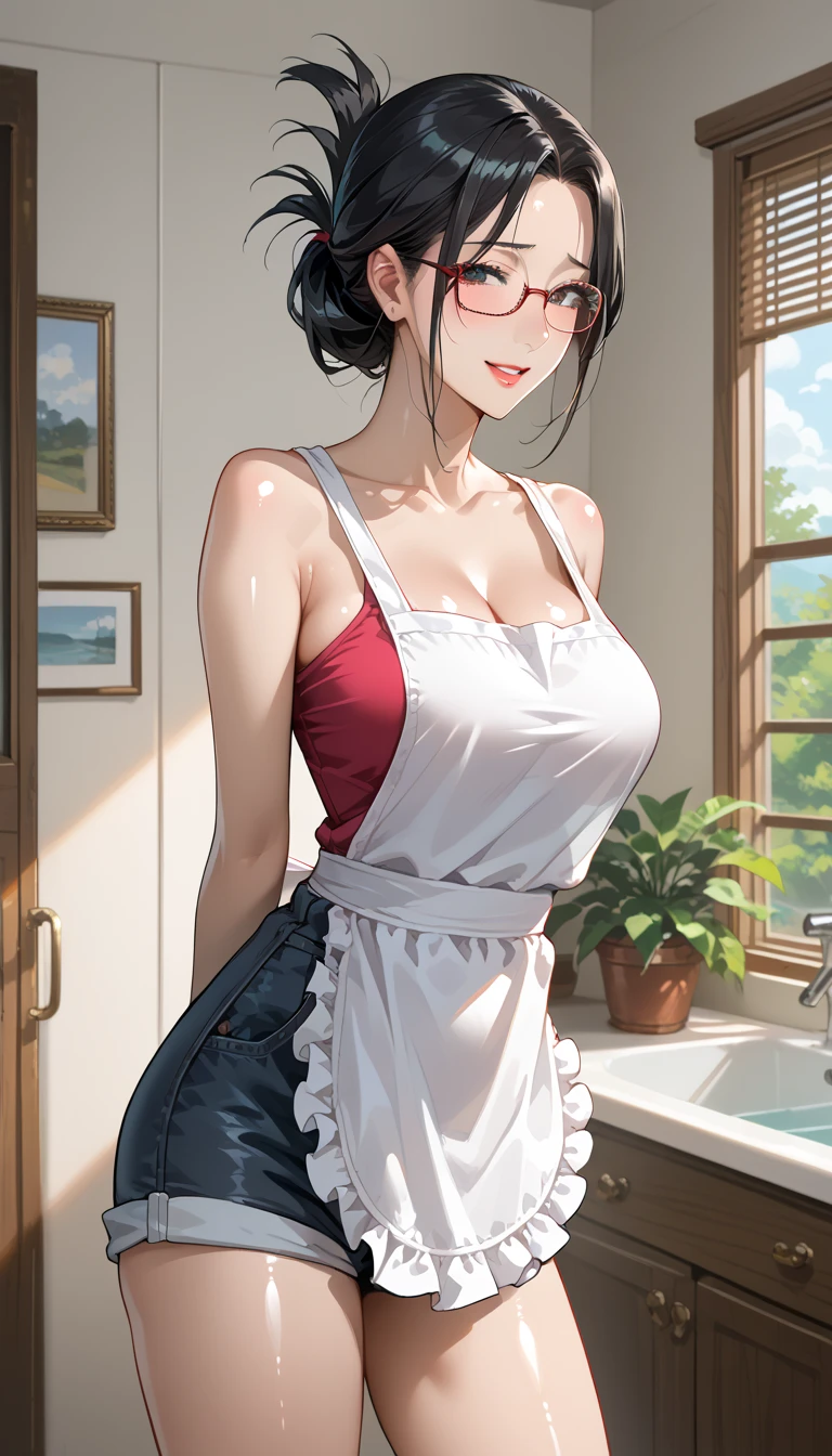 nijistyle, pov selfie, portrait of beautiful mayan milf in white apron, bare shoulders, short black hair, kitchen, window, steam, honey eyes, caramel hair,
