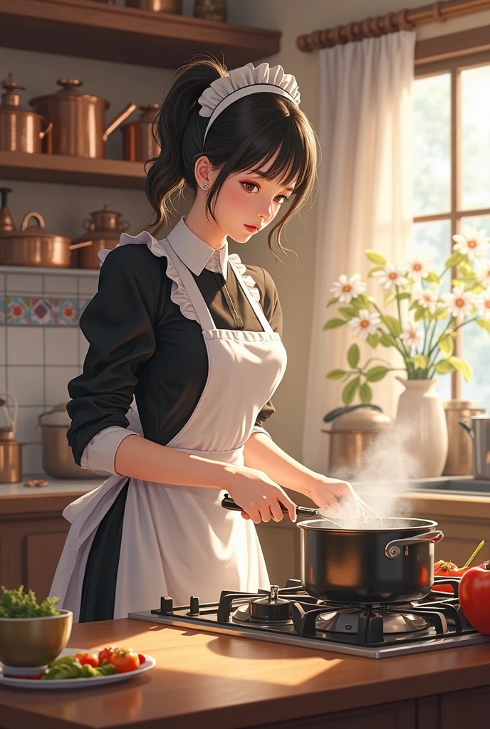 femme brune dans la cuisine en tenue de soubrette