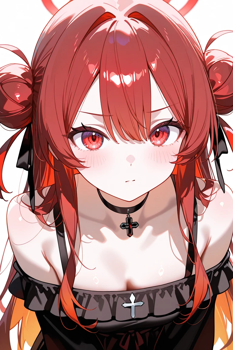 girl vs.,Alone, Heterochromia,Red and blue eyes,with long coiled hair,Two bangs,pale-skinned, looking at viewert,close your mouth, light laughter, The beautiful, extremely detailed eye, Close-up shot,upper part of body, Wear a jacket, absolutely stunning art, very detailed nipples, Digital art of the highest quality,