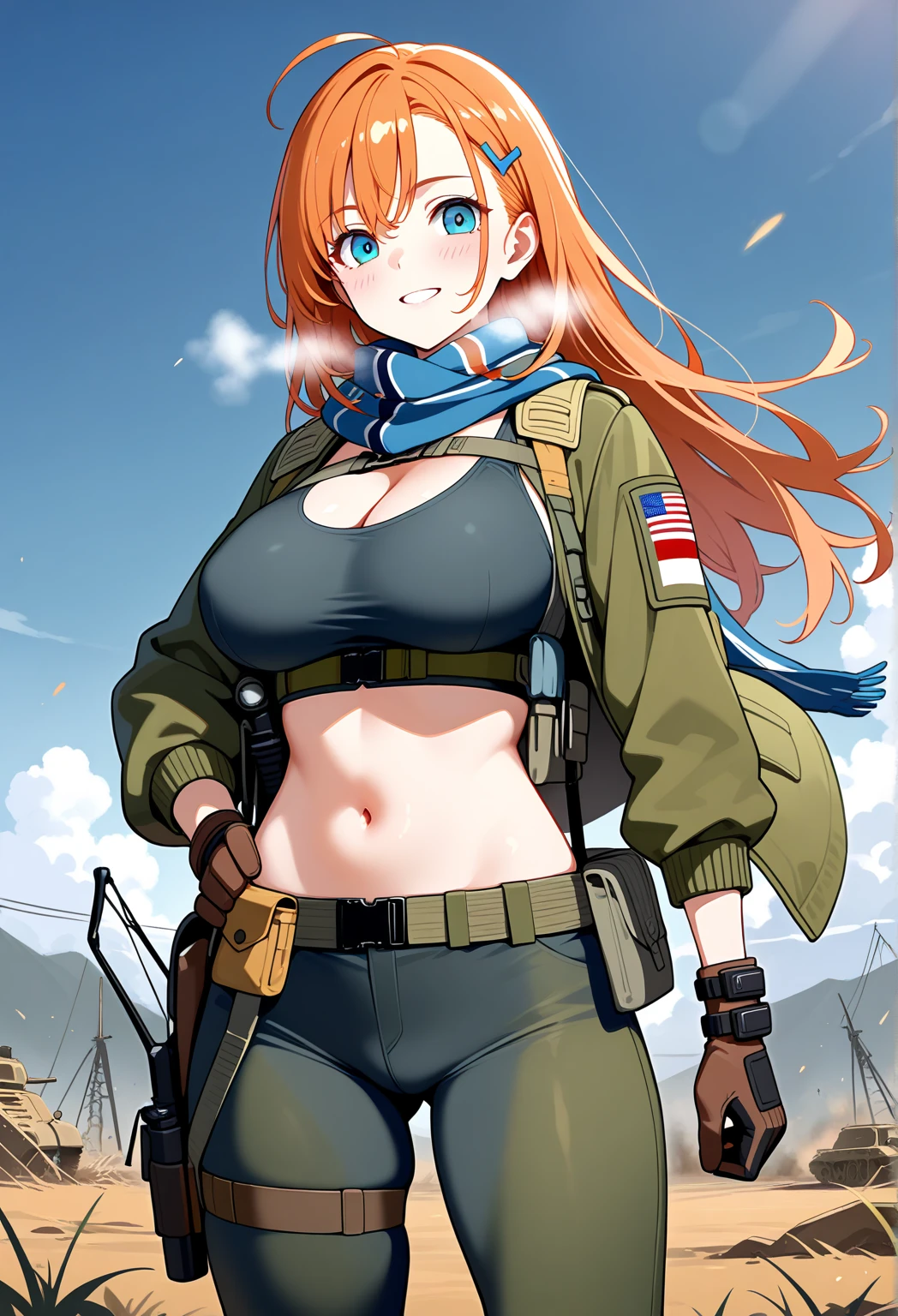 A girl is posing for a photo, cute女の子, Enchanting girl, Anime Girls,
(((One Girl, Baby Face, cute, 16 years old))),
(smile),
(noon、(Aircraft carrier in sunlight、Fighter)), ((Dynamic pose、from before、Cowboy Shot))
break
(Red hair、Hair blowing in the wind、ponytail), (black eye, Slanted Eyes), break Women in the Military、(((Belligerent,uniform:1.4,Camouflage、Camouflage pants)))、Earrings、sunglasses、
break
(Symmetrical facial features, Perfect Face), (Beautiful breasts, (Ccup)),
Beautiful body, Beautiful clavicle, Beautiful thighs, Beautiful legs, Perfect round ass, (Beautiful fingers), (((Detailed skin, Oily skin, Textured skin, Beautiful Skin))),
double eyelid, Long eyelashes,
(Expression of fine eyes, Beautiful and delicate eyes, Sparkling eyes, Eye Reflexes),
(Beautiful Nose,Thin Nose),
(Glossy lips, Beautiful Lips, Thick lips),
(Beautiful Hair, Shiny Hair, Shiny Hair)),
break
(((highest quality)), ((masterpiece)), (Very detailed), (High resolution), (Beautiful sparkle), (High detail), (Anatomically correct)), ((Realistic)),
(The best CG), Highly detailed art, CG illustration, (16k, 1080p), Oil paints,