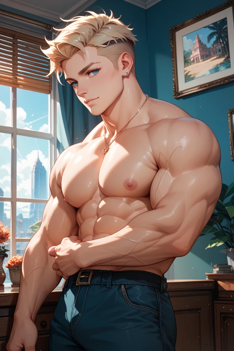 Young white skinned teenager with blonde hair, he has blue eyes, he is in pain, painful face, he has huge muscles, he is tall, giant shoulders, sexy, big muscular legs, wearing white button up shirt, suspenders, long black pants