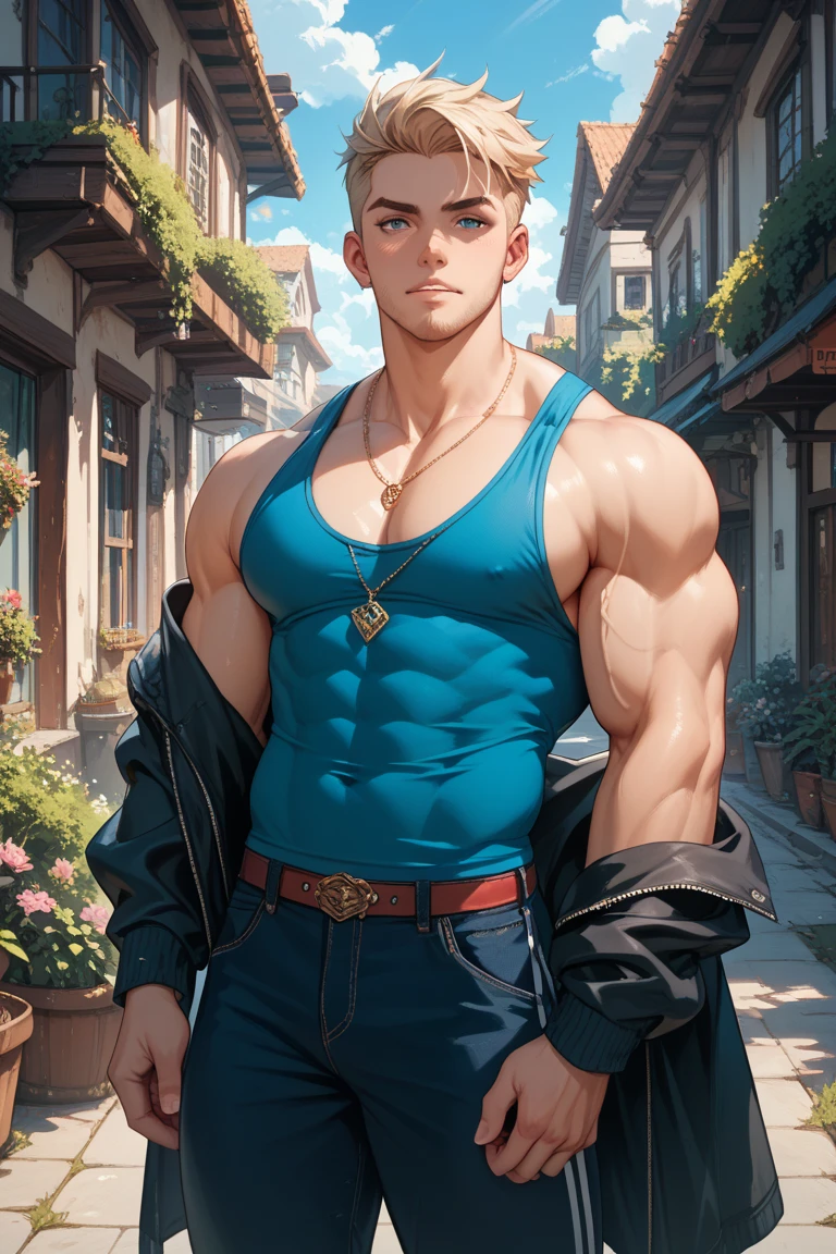 High school teenager, cool boy, handsome and masculine face, short blonde hair, green eyes, full mouth and pink lips, sensual smile, broad shoulders, muscular chest, huge peck, huge ass, huge legs. He wears a baseball cap, a low-cut tank top, ripped jeans, and red All Stars sneakers.