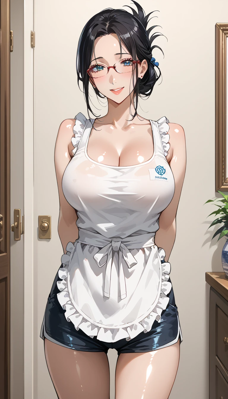 Mature woman, Beautiful, Sexy, mommy, big breasts, slim, long black hair, blue eyes, Wearing a white shirt and wearing a gray apron, crossing her arms, in the living room