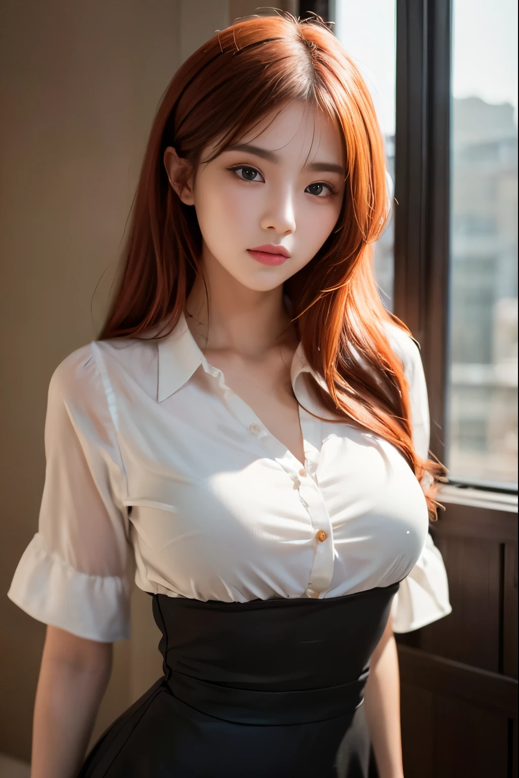 Woman, Red Hair, long hair, ((black Mini Skirt)), white collared shirt half unbuttoned, black lingerie, sitting on park bench with legs spread, seductive Smile, Large breasts, hands on chest