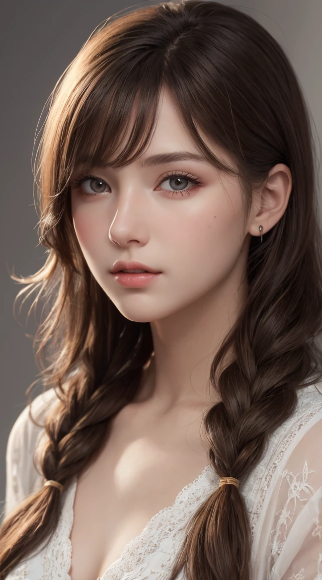 ((Large Breasts, )), (smooth belly : 1.1), (perfectionなボディ : 1.1), (Very detailed CG 8k wallpaper), (Very sophisticated), (masterpiece), (Highest quality:1.0), (Ultra-realisticな全身像)、Delicate skin, Very detailed、(photograph:1.2)、(Realistic:1.3)、(masterpiece:1.3)、(Best image quality:1.4)、超High resolution、(Detailed eyes)、(Detailed facial features)、(Detailed clothing features)、8k resolution、Focus Only、26 year old mature woman、Small face、No makeup、Beautiful eyes with attention to detail、bangs、Blonde、Long Cut Hair, Braided hair、(Realistic Skin)、Beautiful Skin、Charm、超High resolution、Ultra-realistic、High resolution、Open white shirt,middle aged、Large Breasts、Bust F cup、Large Breasts、Cool Beauty、Gray background、Cinema Lighting、perfection、Soft Light、High resolutionスキン:1.2、Realistic Skin texture、26 year old、Small face、No makeup、Bust F cup、Beautiful brown eyes in every detail、short hair、Dark brown hair、Cool Beauty、Gray background、Exposed cleavage