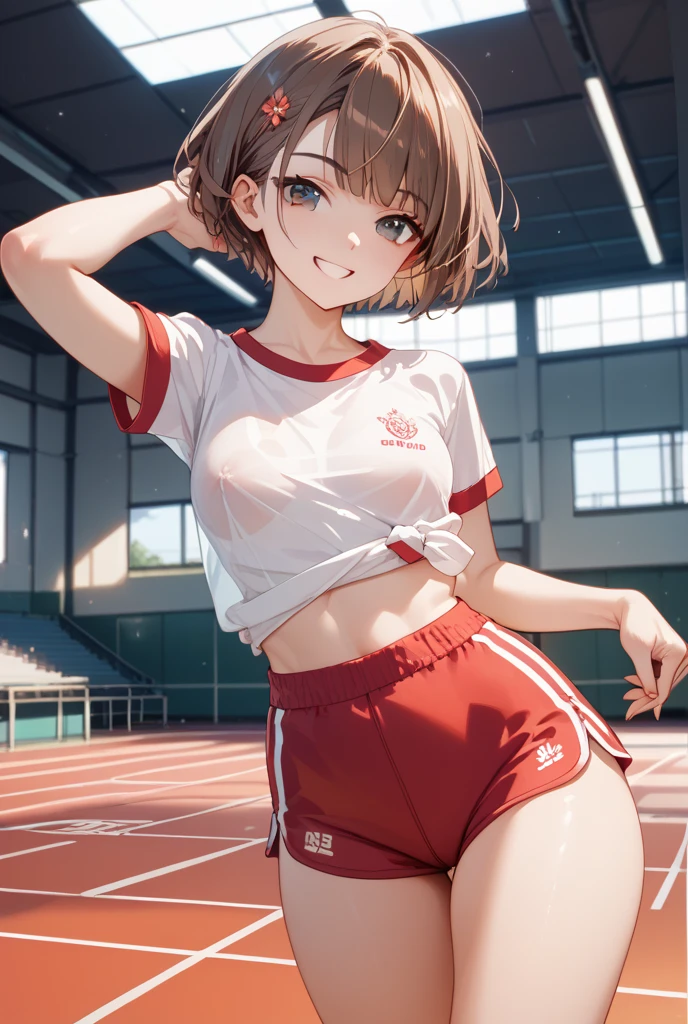 ((4K, masterpiece, highest quality)), 1 girl, anime, Light brown SHRT hair, red eyes, center parted hair, medium breasts, cute, blush, running, white sports bra, morning, Sweat,pleated skirt,school swimwear, Gym, training, underwear