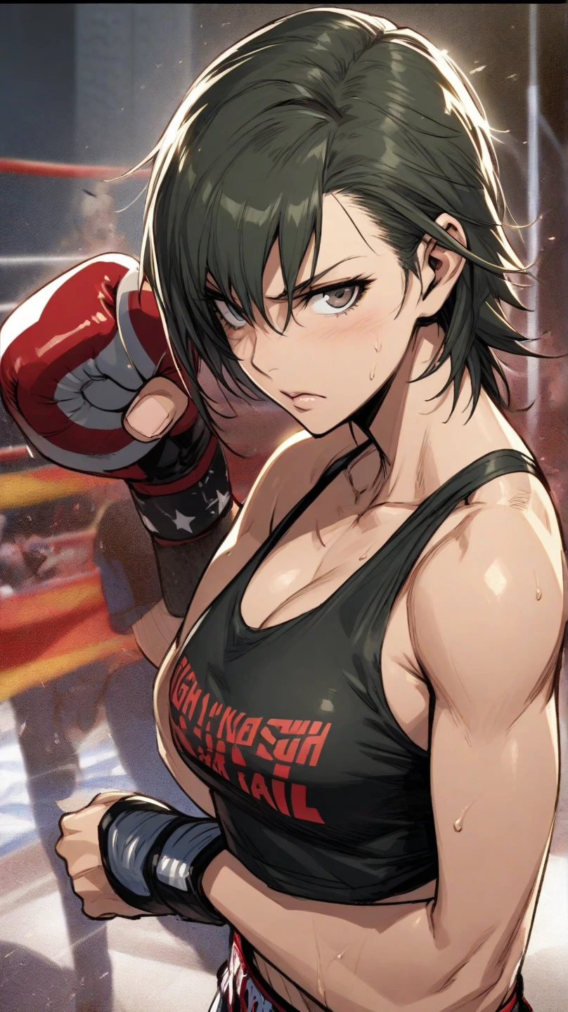 A young and cute Japanese street fighter。My body was slammed against the wall of the alley、He has been punched in the face by his opponents many times.。Short black hair。Sweating a lot。Covered in blood。Crying。Both eyes closed。shortness of breath。Drooling from the mouth。Sports Bra。Denim shorts。Open Finger Gloves。Erect nipples。