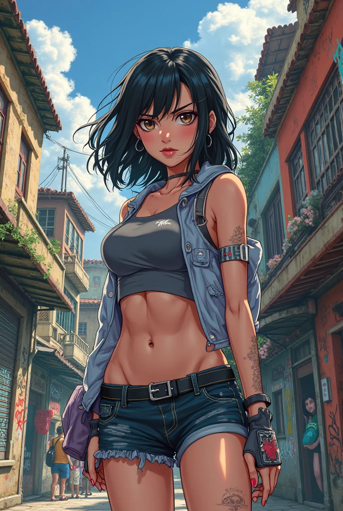 ((small breasts, tomboy girls, small head, wide hips, firm ass)), daylight, sunlight, (chiseled abs: 0.7), (perfect body: 1.1), (short wavy hair: 1.2), rukia, black hair, hair between the eyes, purple eyes, collar, chain, full body shot, crowded street, in black tank top, denim jacket, ((shorts)), (extremely detailed CG 8k wallpaper), (extremely delicate and beautiful), (masterpiece), (best quality:  1.0), (Ultra High Resolution: 1.0), Beautiful Lighting, Perfect Lighting, Realistic Shadows, [High Resolution], Detailed Skin, Super Detail