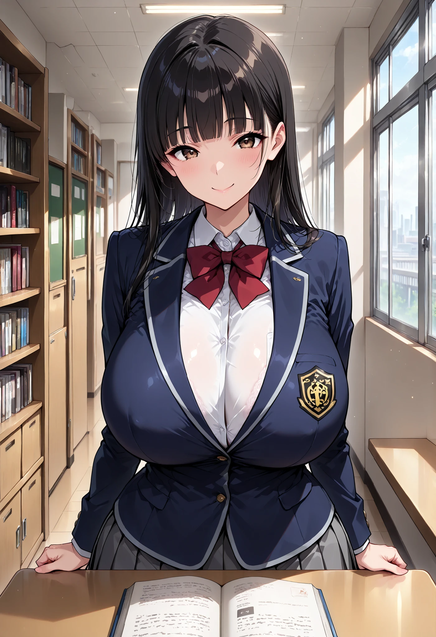 (masterpiece, 8k, Ultra High Resolution, absurd:1.2), 1 Japanese woman, 10th Generation, (long black hair in the library, straight hair, blunt bangs), Beautiful Character Design, perfect contrast, anatomically accurate, perfect face, Beautiful and delicate eyes, expressive eyes, brown eyes, Smile, (school uniform, navy blue jacket, pleated skirt, Black Knee High Socks), (huge breasts, saggy huge breasts:1.1), (pretty shaped boobs), thin waist, wide hips, 図書室にて, (upper body:1.2)