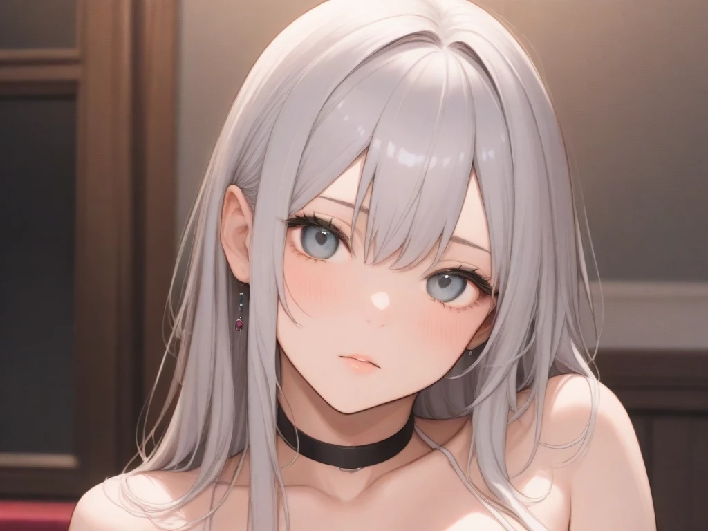 moody lighting, cute girl, (platinum hair), ((very long drill hair)), perfect face, smug smile, (red eyes), (naked), (petite), (slender), ((flat chest)), ((16 years old)), skindentation, extreme detail, attractive oval face, pink lips, pink nipples, glossy skin, detailed hair, face focus, close-up chest, ornamental gold necklace, gold earrings, ((1 girl)), (stockings)