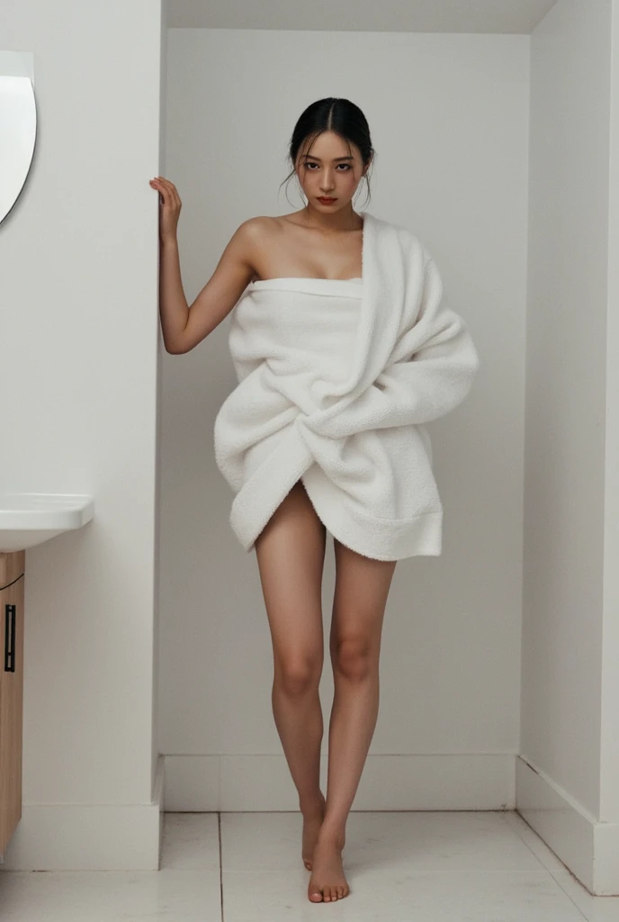 fashion photoshoot: 1 woman,soft light,rim light,beautiful,realistic,studio photography,natural skin texture,realistic 눈과 얼굴 디테일,surrealism,ultra high resolution,4K,best quality,masterpiece,Fashion Magazines,vogue magazine,Quirky Fashion,magazine cover,full body shot,touch one&#39;s chest,크기가 big_I know it well,femur_gap,floating_hair,hair_blowing,shining_skin,big_femur,Thick_femur,Wearing only an open blazer,underwear