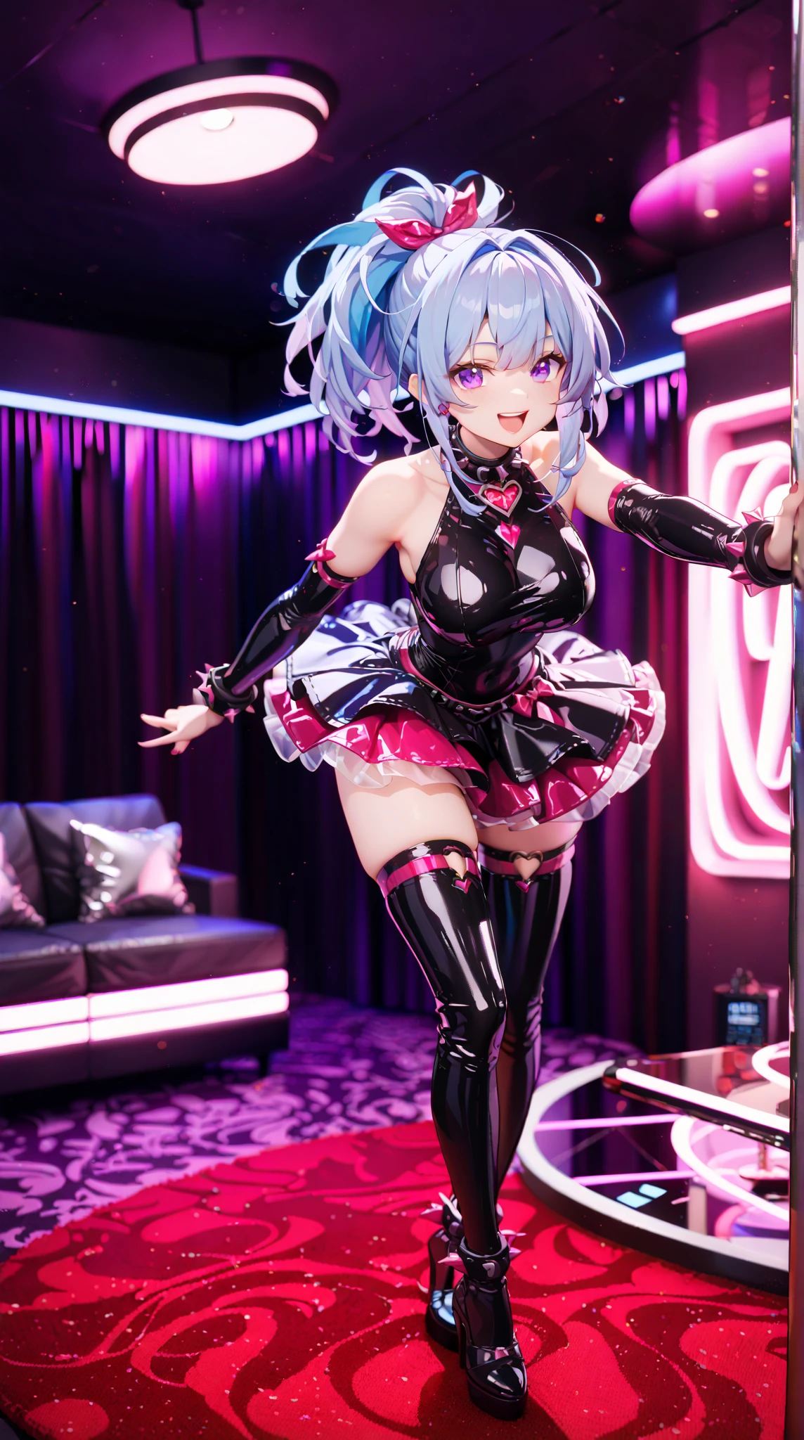 Highest quality,masterpiece,An idol group whose selling point is eroticism,Two-tone hair color,A good friend,Promotional photo shoot,During a break,Photo studio,chatting,Earrings,Sexy costume