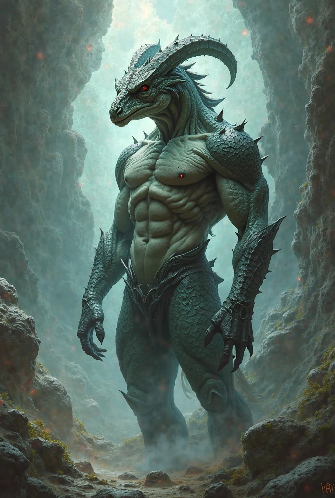 Black dragonborn, black scales, 1man, orange eyes, male, male focus, naked, shiny scales, outdoors, horns, reptilian face, abs, Fit and tone body, thin body, tall, tail, grey scales on chest and stomach, looking at viewer, ((masterpiece, best quality)), art by greg rutkowski