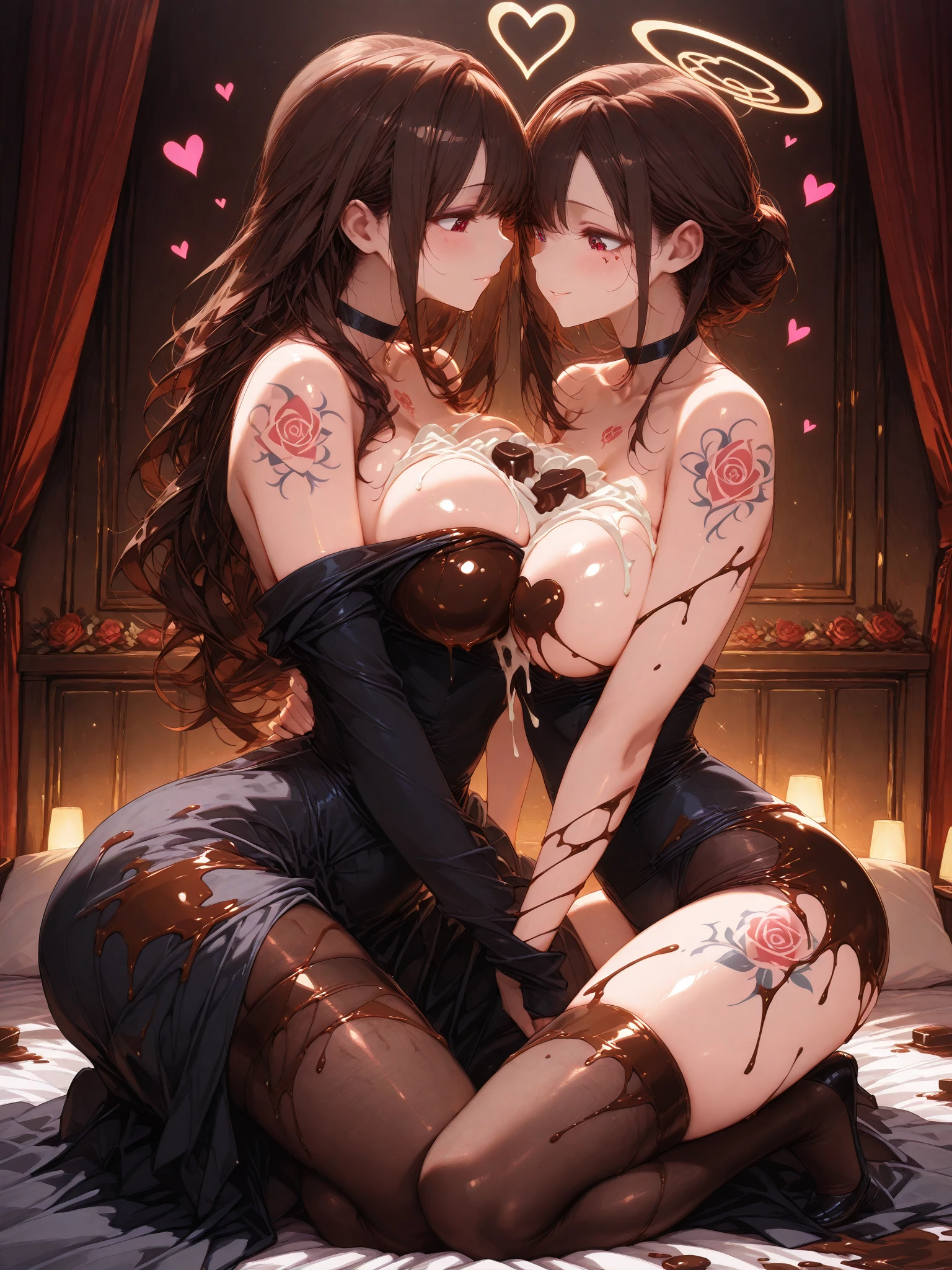 A happy obviously mechanical robot dog designed sexually satisfy women is licking a cute woman between the legs, bedroom