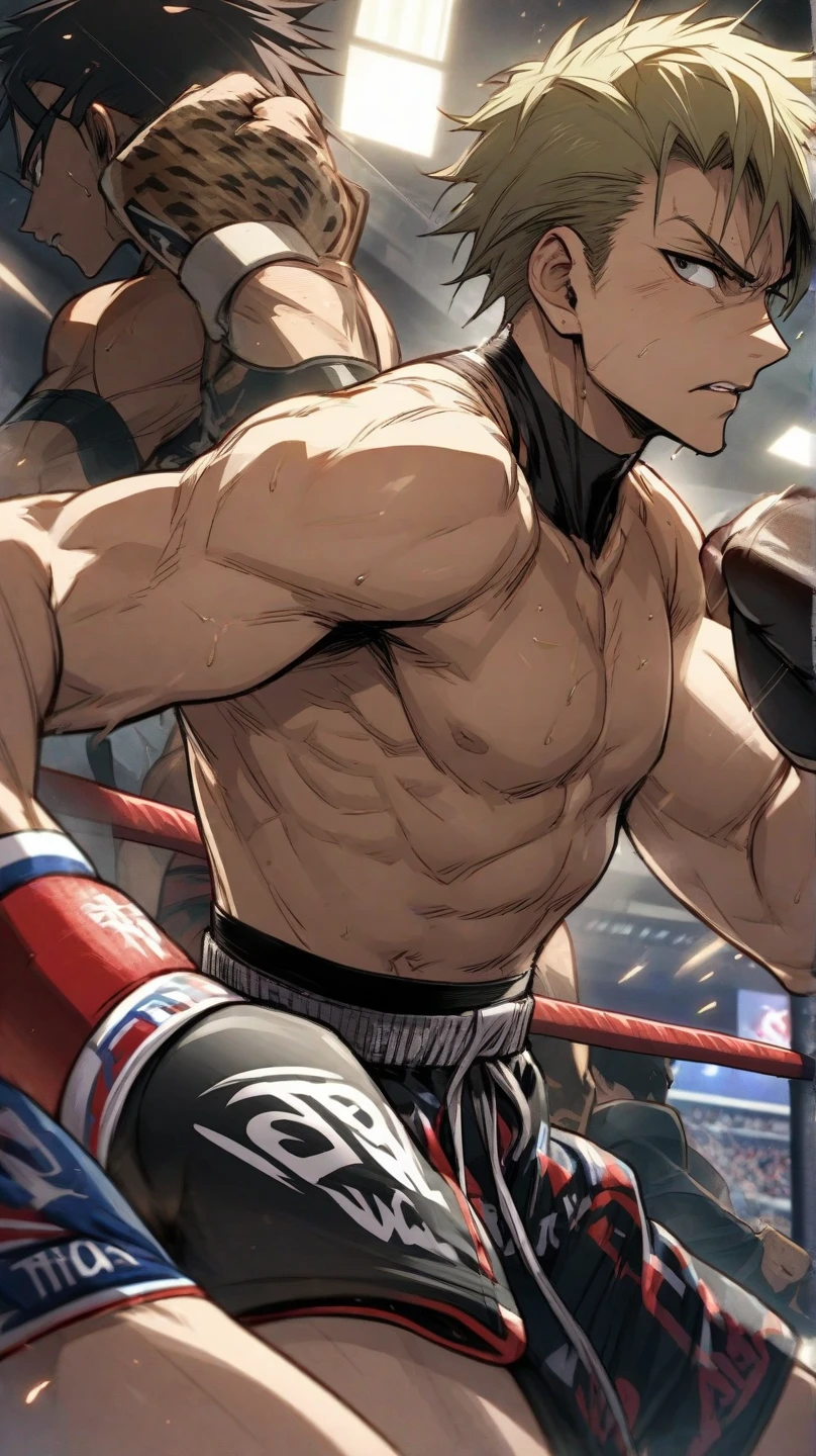 a muscular man in a boxing ring, strong and determined, exuding confidence, with sweat glistening off his body, showcasing his physical strength, flexible and agile movements, throwing powerful punches, wearing boxing gloves, focused and intensively training, surrounded by cheering fans and bright lights, capturing the intensity and energy of the moment, in black and white photography, with dramatic shadows and high contrast, emphasizing the raw power and emotions, a masterpiece in high resolution portraying the art of boxing and the determination of Dwayne Johnson.