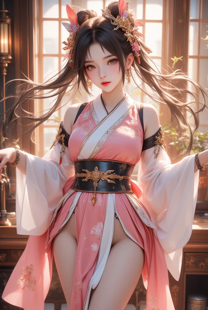 1 young empress wearing red lace top, deep-breasted nightgown, Chinese-style clothes, ancient costumes with many phoenix patterns, flawless white and pink face, crown on her head, black hair hip length, very beautiful and sharp brown eyes, small red lips, painted lips, charming smile, jewelry worn around the neck, earrings, white and even teeth, high nose, big round breasts, elongated legs, thin mesh black socks, portrait, most realistic, highest quality, best pixels, 8k ultra,