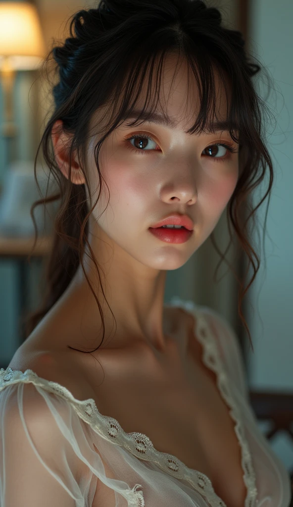 Best quality, masterpiece, ultra high res, (photorealistic:1.4), raw photo, 1girl, offshoulder, in the dark, deep shadow, low key, cold light, naked, no clothes, sexy, sexy eyes, sexy lips, little smile, (perfect hands), (perfect fingers), 