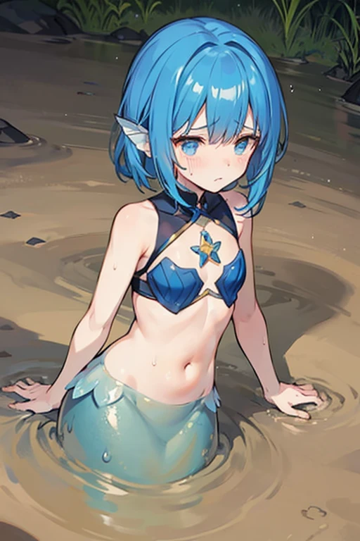 (8K, RAW photography, Top image quality, A masterpice: 1.4),ganyu \(genshin impact\),mega highly detailed, (hentail realism, photorealestic: 1.48), 1girll, solofocus, type: Moon style, in style of kyoto animation, (blue hairs:1.7), Blunt bangs, hair between eye, Clear eyes, side locks, Shiny hair, beautiful detailed cold face, Seductive smile, Angry, complex details beautiful and delicate eyes, Bare_bshoulders, The large_Breasts, Gray eyes, White skin, hair adornments, swim ring, swimsuit, beautiful bare back, sandals, skin indentation, 鎖骨, Bareleged, sandbeach, Beautiful detailed sky, White sand, coconut palms, very precise detail, absurdist, Extremely detailed, 16k wallpaper,