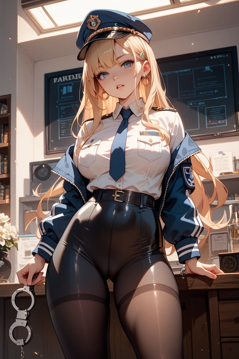 masterpiece,highest quality,One girl,Mitsuba 1,Blonde Hair,Low twin tails,Long Hair,bangs,blue eyes,White hair band,Hair behind the ear,White capelet,Triangle Earrings,jewelry,Blue clothes,uniform,Black Pantyhose,Big Breasts,Wide Hips,Thick thighs,smile,Hands on hips,Inside the spaceship,SF,Dutch Angle,