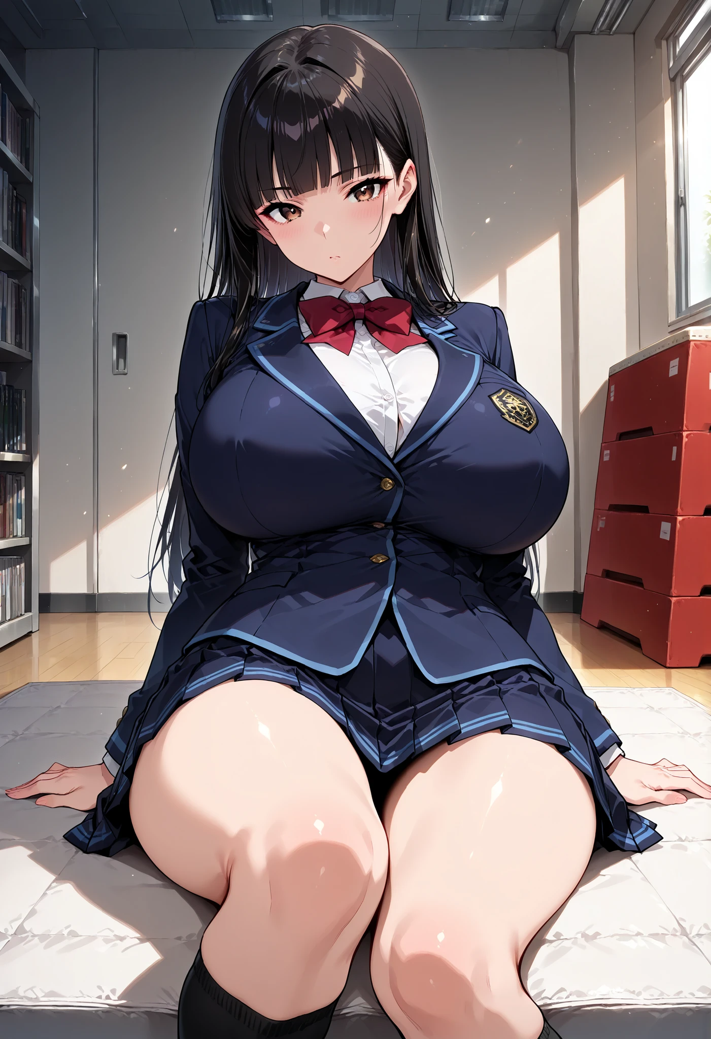 1 girl, school uniform, curvy, busty, evil smirk, thick thighs, sitting, sitting_on_face, facesitting, sitting on person, looking down