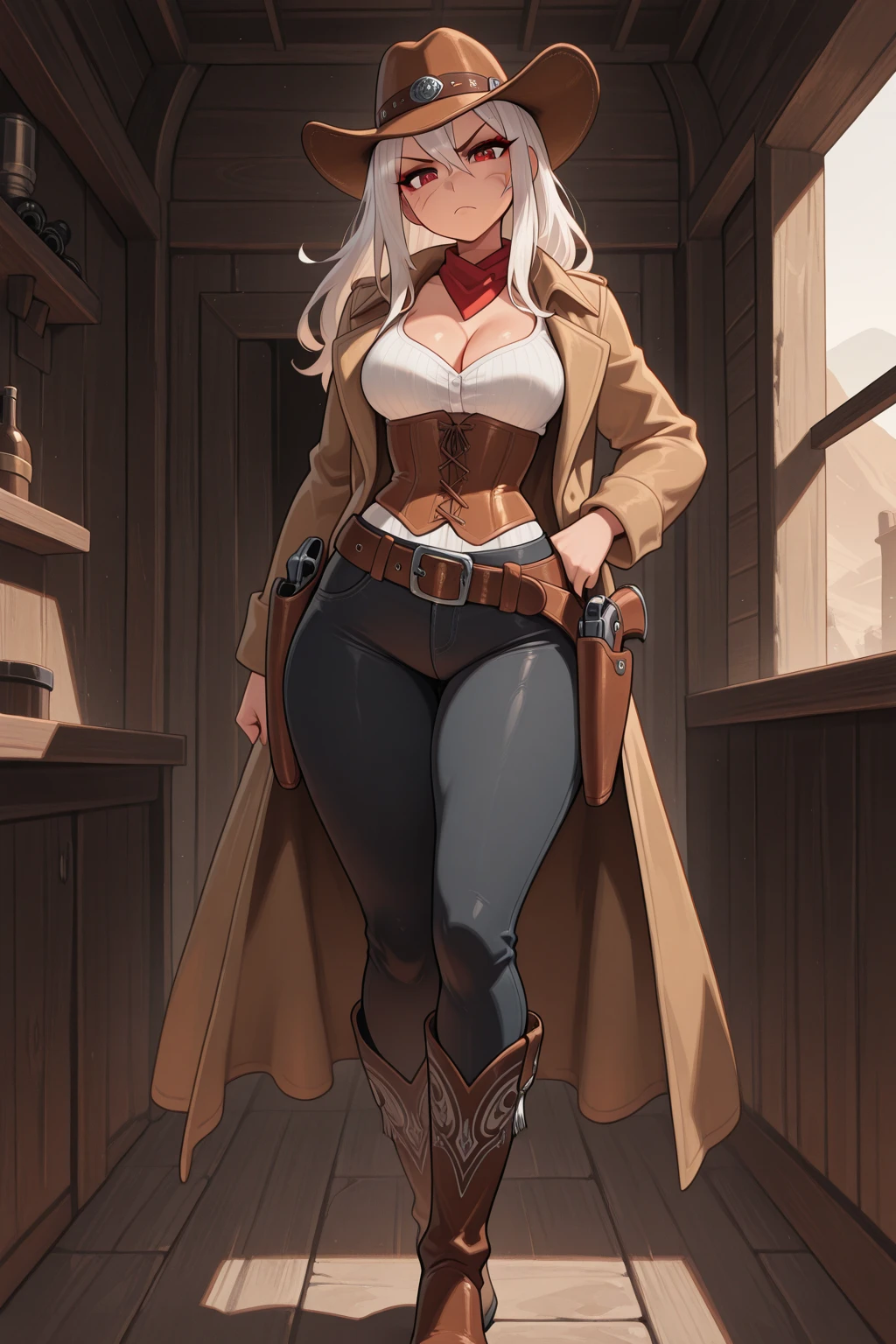 Perfect face, perfect hands. A white haired female cowgirl with green eyes with an hourglass figure with white wolf ears and a white wolf tail in a conservative cowgirl outfit is leaning on a railing in a wild west town with a big smile
