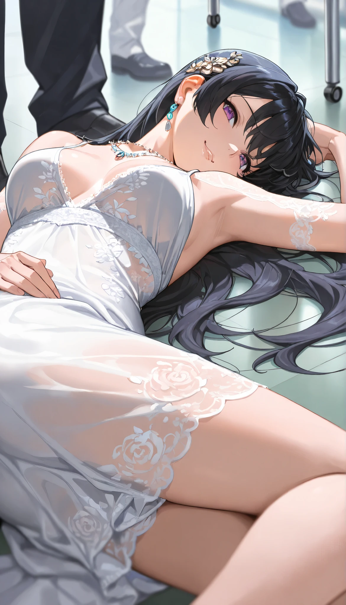 最 High Quality , masterpiece,  High precision in selection ,  1 , Transparent Silk Porcelain Lace Transparent Ultra-Low Cut  dress, pretty face,  hair accessories ,  Watching the audience, smile,  close his mouth, lips,  dress,  hair accessories ,  necklace , gem,  long hair,  earrings,  Beautiful Face, Person lying on the floor  , lies on his back and looks back, ( HIGH DETAIL SKIN : 1.2),  8K ultra HD , soft light in a mental hospital,  High Quality ,  High precision in selection , 8k, Wide々Interior like , 