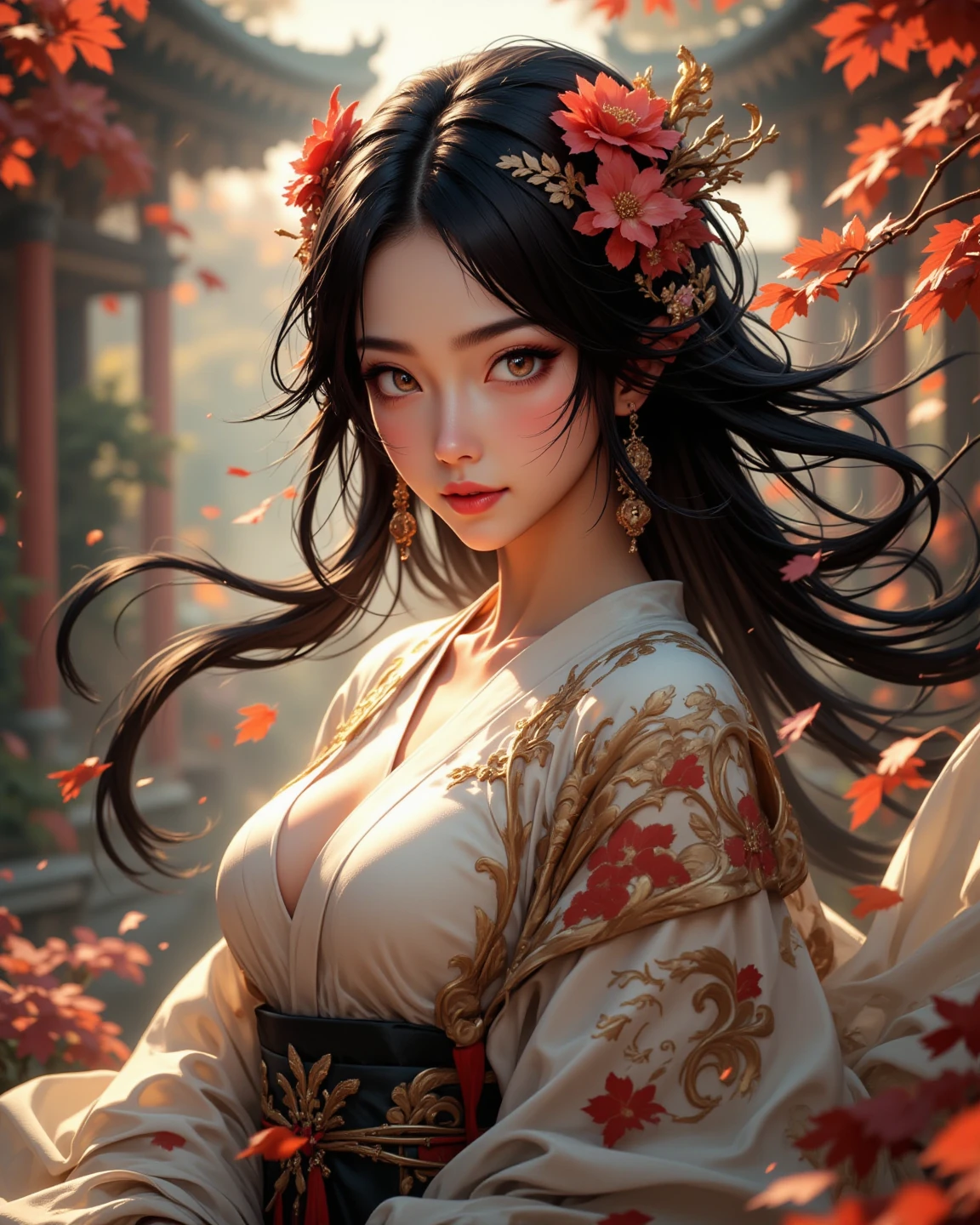 (8k, RAW photo:1.2),best quality, ultra high res,dramatic angle,(fluttered detailed color splashs), (illustration),(((1 girl))),(long hair),(rain:0.9),(hair ornament:1.4),there is an ancient palace beside the girl,chinese clothes,(focus on), color Ink wash painting,(color splashing),colorful splashing,(((colorful))),(sketch:0.8), Masterpiece,best quality, beautifully painted,highly detailed,(denoising:0.6),[splash ink],((ink refraction)), (beautiful detailed sky),moon,highly,detaild,(masterpiece, best quality, extremely detailed CG unity 8k wallpaper,masterpiece, best quality, ultra-detailed),(Lycoris radiata), (gigantic breasts:1.1)