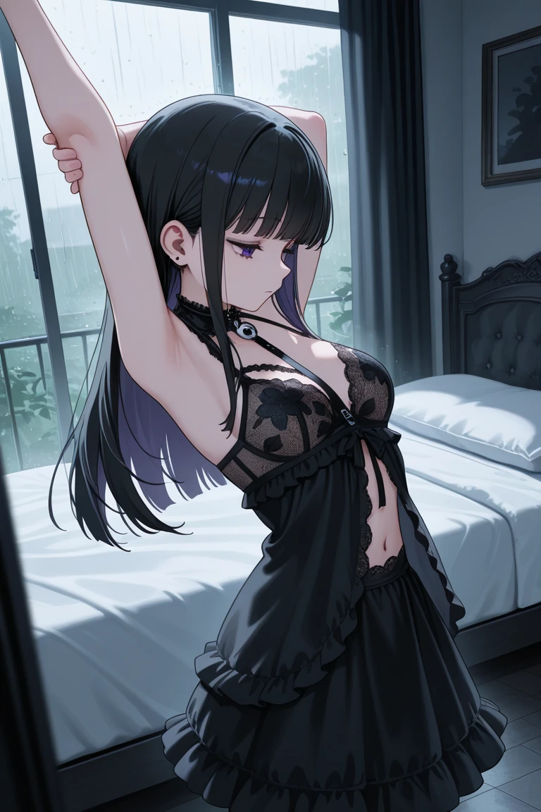 One 14-year-old girl, ((Sexy luxury shining in black and purple))、(Light purple inner color hairstyle), Beautiful Hair, Facial Contour, Remember, Hotel, moonlight、splash, Lens flare,, Natural Color, High resolution, Very delicate, Very detailed, 8k,（There is swelling of the breasts、About B cup）、(Shyness),((Sexual))、bed、Sexy angle of view