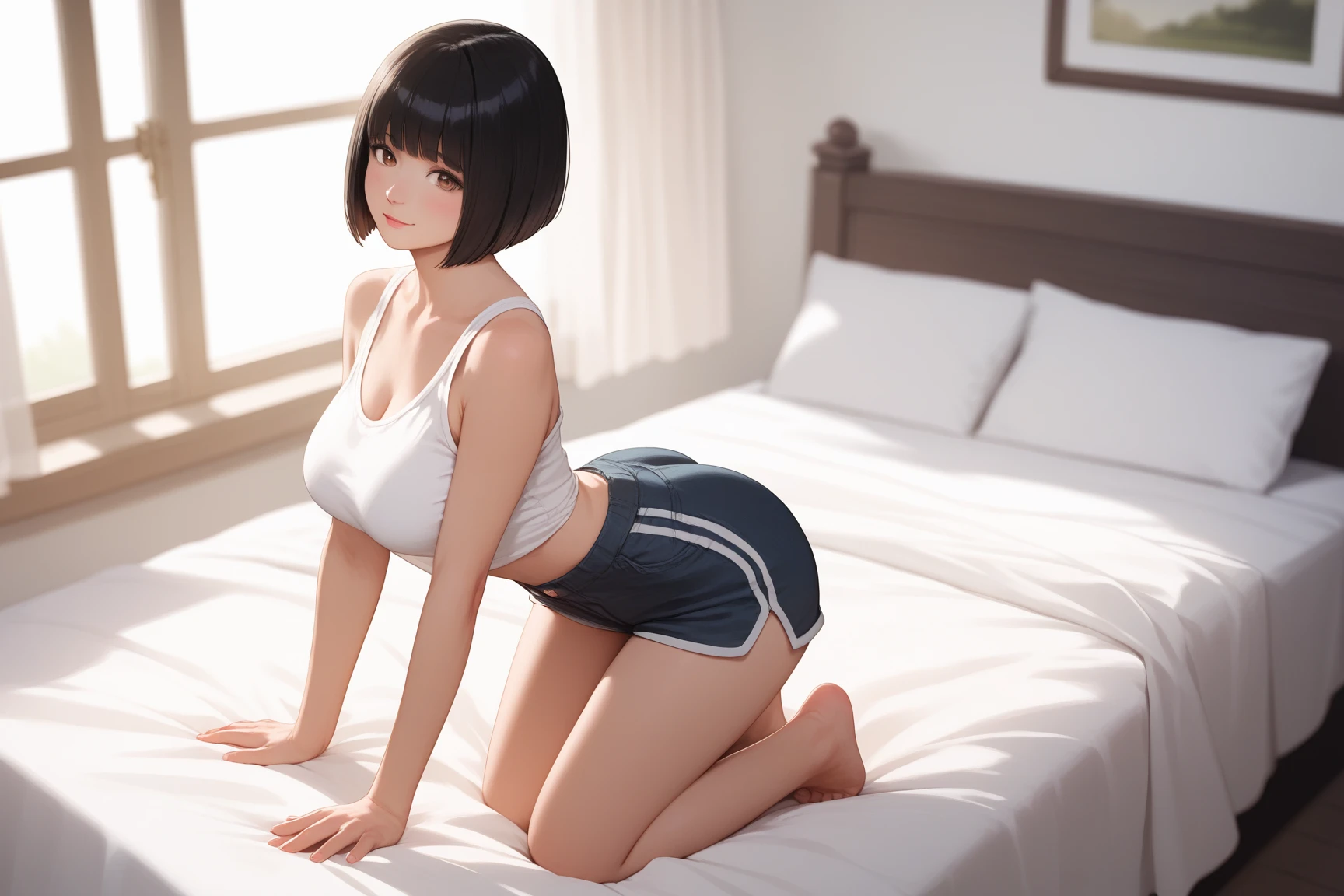Only one girl, sexy, bas au dessus des genoux, in bed,
