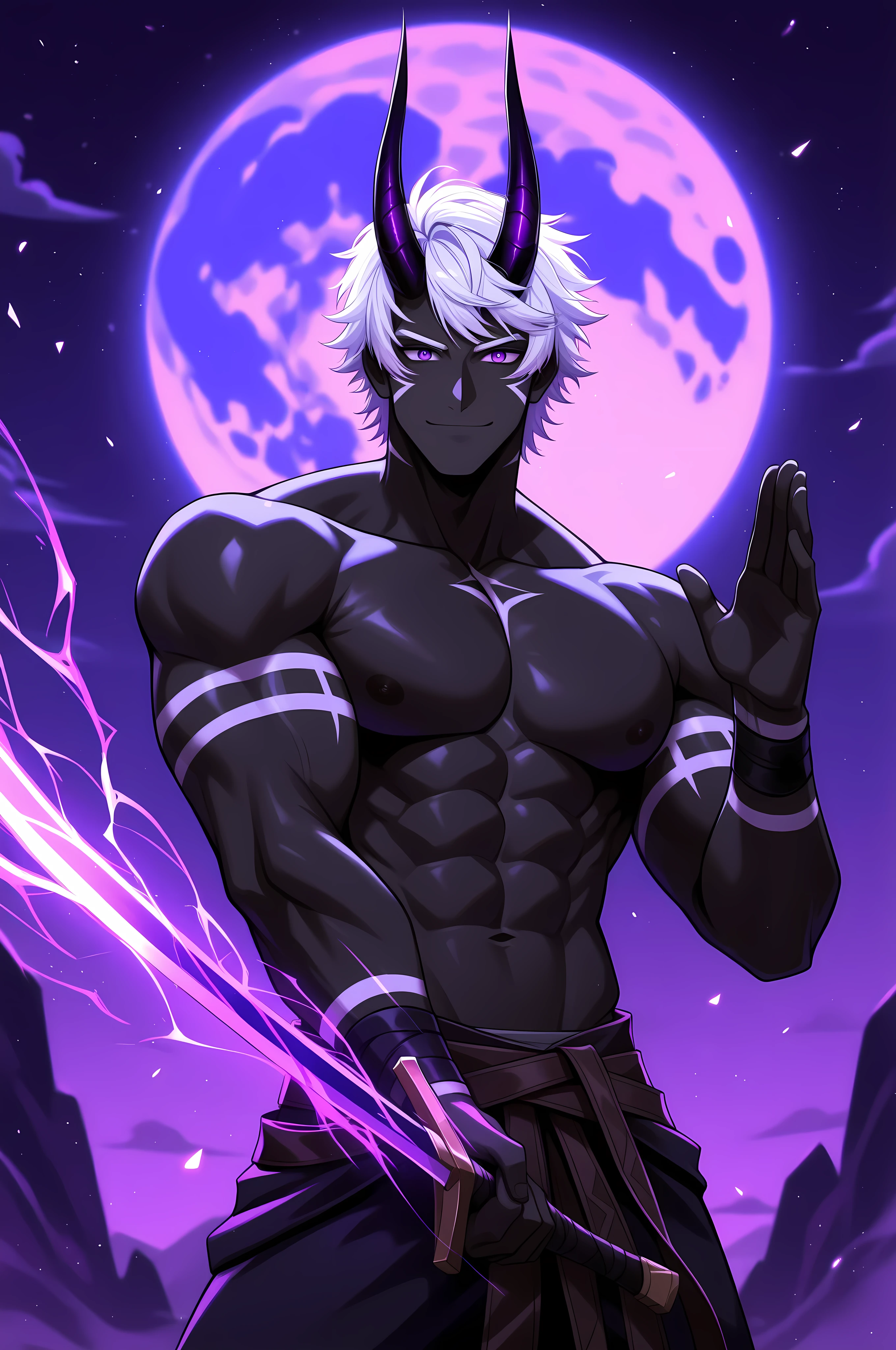1boy,solo,flora_humanoid, male, black skin, short hair, neatly combed hair, white hair, purple eyes, tribal markings on his cheeks, luminescence,Large pectoral muscles,A huge purple moon,(The crooked horns of the devil-goat:1.5), Holding a sword in one's hand,fighting stance,dynamic,Half-body portrait,Waving a sharp sword,A mature face,The crooked horns of the devil