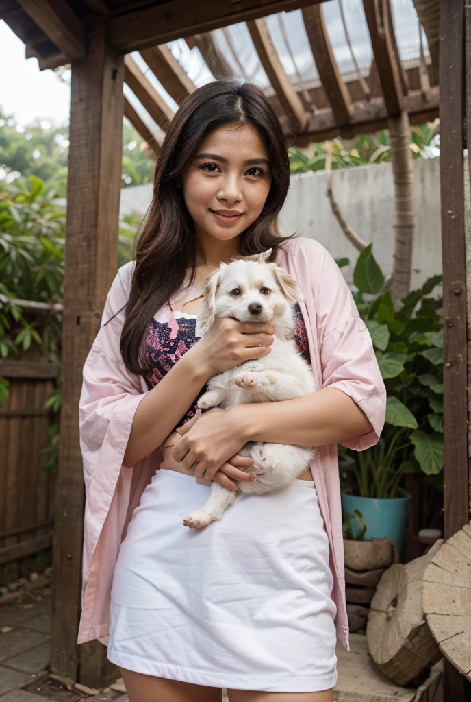 RAW, Best quality, high resolution, Masterpiece: 1.3), Beautiful Malay woman in hijab, Masterpiece, sitting, Perfect slim body, Beautiful big eyes, Watery eyes, Soft smile, Wet lips, Big breasts, Malay woman with her beloved pet dog, woman wearing long pastel colored floral patterned clothes, wearing a hijab, very long hijap, perfect body, wide hips, thick thighs, showing the bond between them and sitting in an atmosphere comfortable home, bright lighting, happy, 8k, high quality, beam lighting, NSFW, NSFW, (up skirt::0.8), (showing pussy with pubic hair:1), wet face with semen