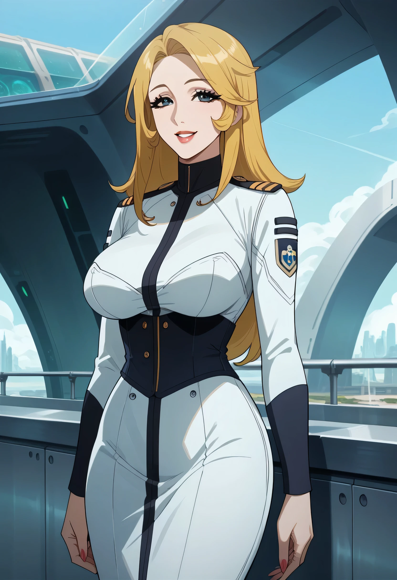 A woman with a lovely smile,Woman with long yellow hair,I'm on a spaceship bridge,even with big breasts and a thin waist,uniform,Please give me an accurate representation of the hands and legs,