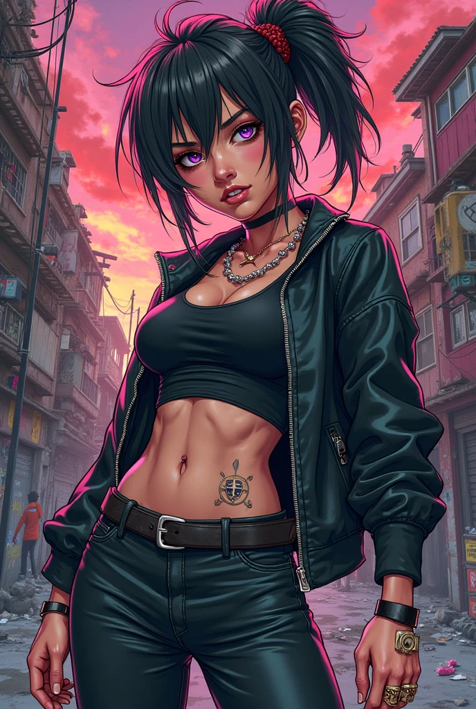 dynamic lighting, <lora:beautifulPunkWomen_v20:1>Bust_Shot, photo of a girl, stick out tongue, provocative pose in alley, black color hair, sunglasses, short hair, leading lope on her neck, off soulder clothes, tattoo on shoulder, knife in hand,bandage, put a leather jacket on her arm, cyberpunk background, masterpiece, 4k, detailed texture, bokeh
