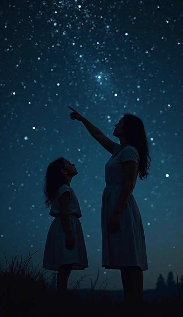 A woman with her daughter watching the descent of meteors, meteors and comets next to the telescope and an Easel. The woman wears a dress and her back is bare
