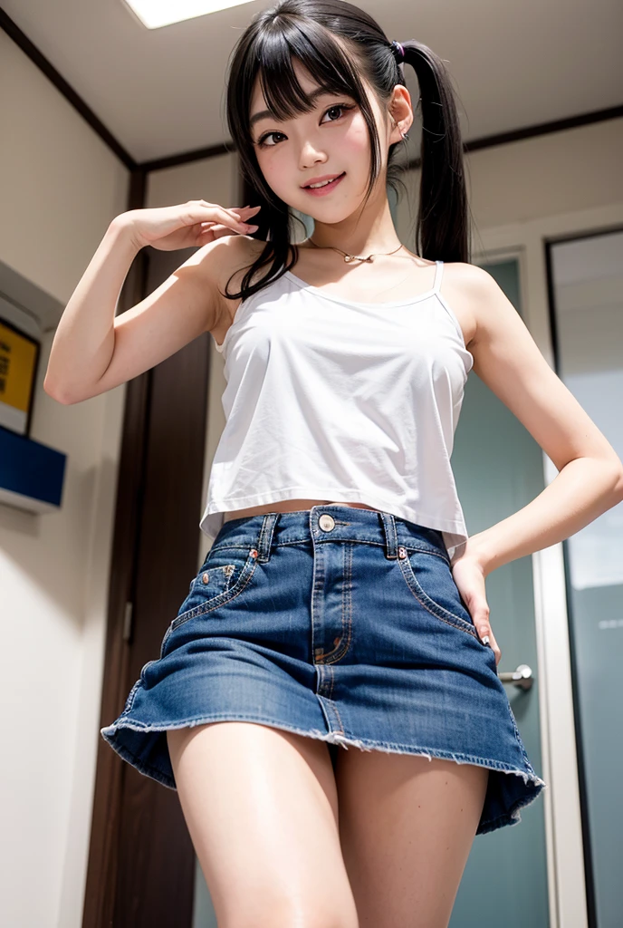 (masterpiece:1.2,8k, raw photo, ultra quality), absurdres, (photo realistic:2), high detail raw color photo,skiny skin, professional photograph,((best quality))、Beautiful Japanese office lady、Denim mini skirt、knee boots、A tight, transparent brown T-shirt、(Panty peeking)、(Magenta Panties)、smile、(View your viewers)、short hair、Gray background、Sit on a chair、Flash photography、cleavage cutout、(skirt lift)、hands behind head、legs together、from below、upskirt