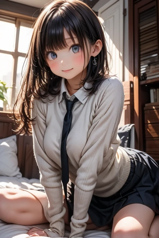 whole body, Highest quality, Realistic, Very detailed, finely, High resolution, 8k wallpaper, 1. Beautiful woman,, light brown, Shaggy hair, Wear a business suit, Sharp focus, Perfect dynamic composition, Beautiful and detailed, Thin Hair, Detailed Realistic skin texture, smile, Close-up portrait, Model body type,Cleavage、筋肉質で長くBeautiful legs、Beautiful feet、Super mini tight skirt、Sit on a chair、thin black pantyhose、I can see the toes of her high heels、Perfect Style、Perfect long legs、Beautiful legs、healthy and long legs、Poses that accentuate the legs、Perfect composition,Sexy poses showing crotch、