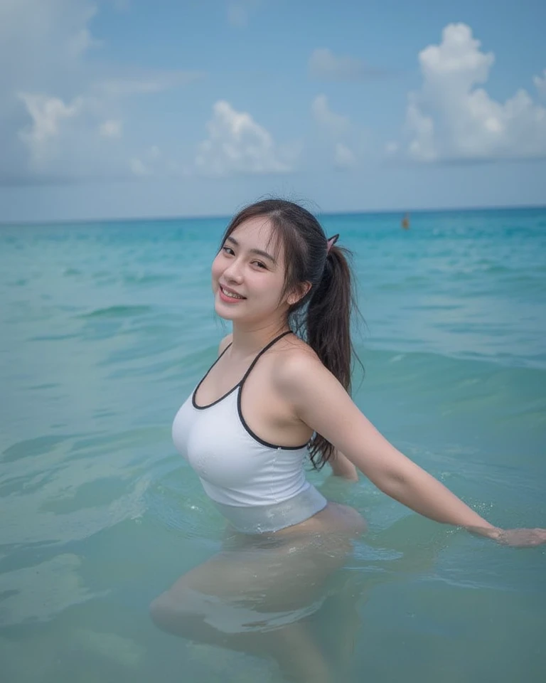 sexy white girl, black hair, smiling, in a lake