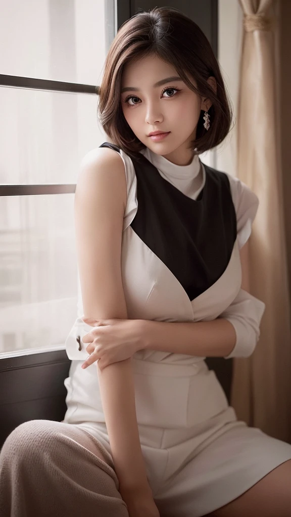(((sexy crop dark blue flight attendant uniform with heels))) (((half body three girl foto))), detailed skin, ((asia white skin color)), detailed skin, big breasts, slim body, gigantic breasts, Slim Waist, 4K resolution,((pursed lips)) (((short hair BLACK silky bangs thick hairstyle))) ((white skin)) ((extremely detailed face)) ((extremely detailed eyes))  (((sexy body pose)))  ((outdoor background at luxury plane, passangers etc)) (((looked on camera))) look camera, ((sixpack woman)) ((model posture)), face extremely detailed, full body color photo of a 22 y.o girl, beautiful face, beautiful eyes,  ((skin details, high texture)), hand fix, finger fix, nails fix, realistic hand wrinkles, realistic eyes, octane render, simetris eyes.
