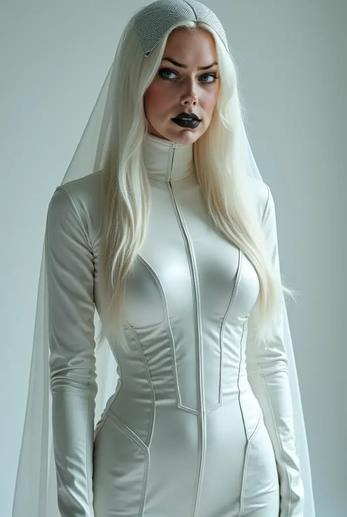 award-winning professional and realistic photo of beautiful 30 year old Cersei Lannister, modelling, professional photo studio, latex nun habit, latex, stereotypical nun habit, futuristic nun, seductive smirk, strict hairstyle, white background, detailed textures, sharp focus, ultra-high pixel detail, 16k RAW footage, masterpiece