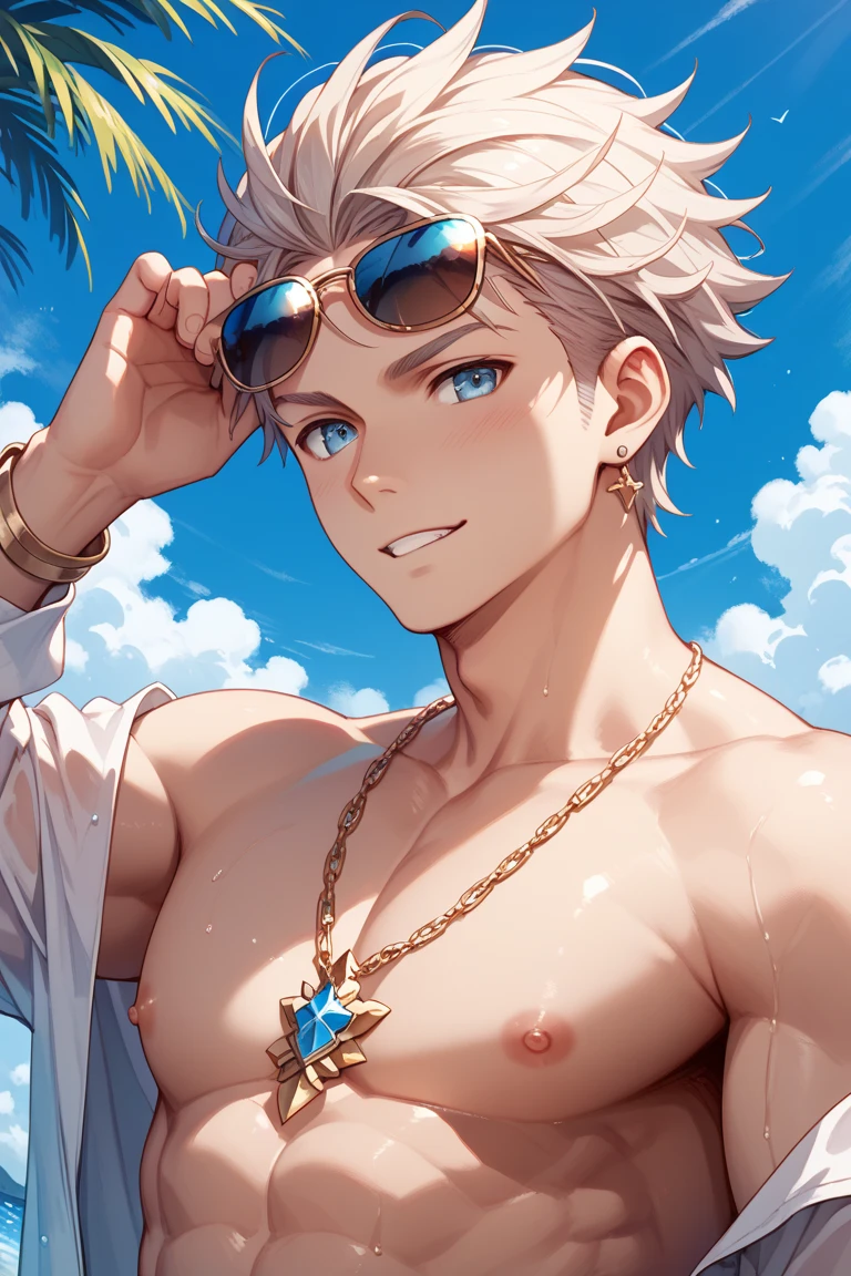 male, shirtless, at the beach, cute pose, masterpiece, ((anatomically correct)), ((ccurate)), march 7th /(honkai star rail)/:1.4, ((extremely detailed face)), ((heavenly smile)),