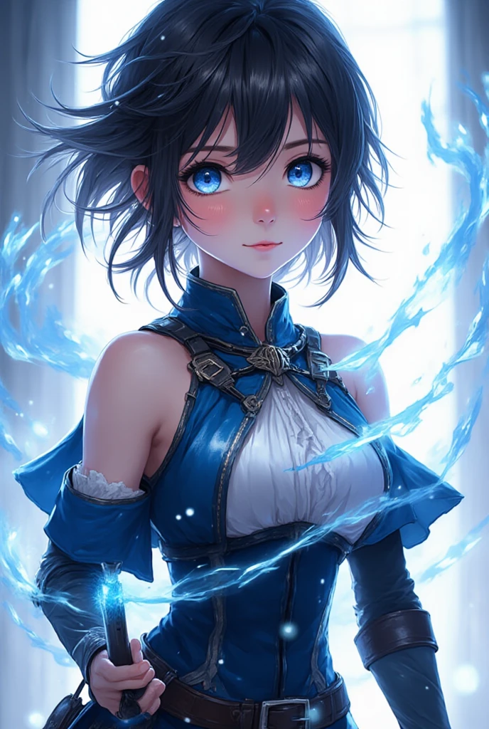 night, ((1 girl)), alone, masterpiece, 8k wallpaper, High resolution, Absurd, High Quality Backgrounds, short hair, Black Hair, Multicolored Hair, Beautiful frozen village, (Bright full moon), Blue clothes, Detailed dress, Jewelry Dress, (magic:1.2), blue fire, blue eyes, Glowing Eyes, fire, Ice Goddess, (Beautiful crown with blue details), electricity, blue electricity, Blue light particles